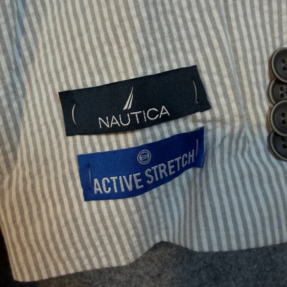 Nautica Brielle Mens 42L Blazer Grey Stripe Seersucker Modern Fit Active Stretch
